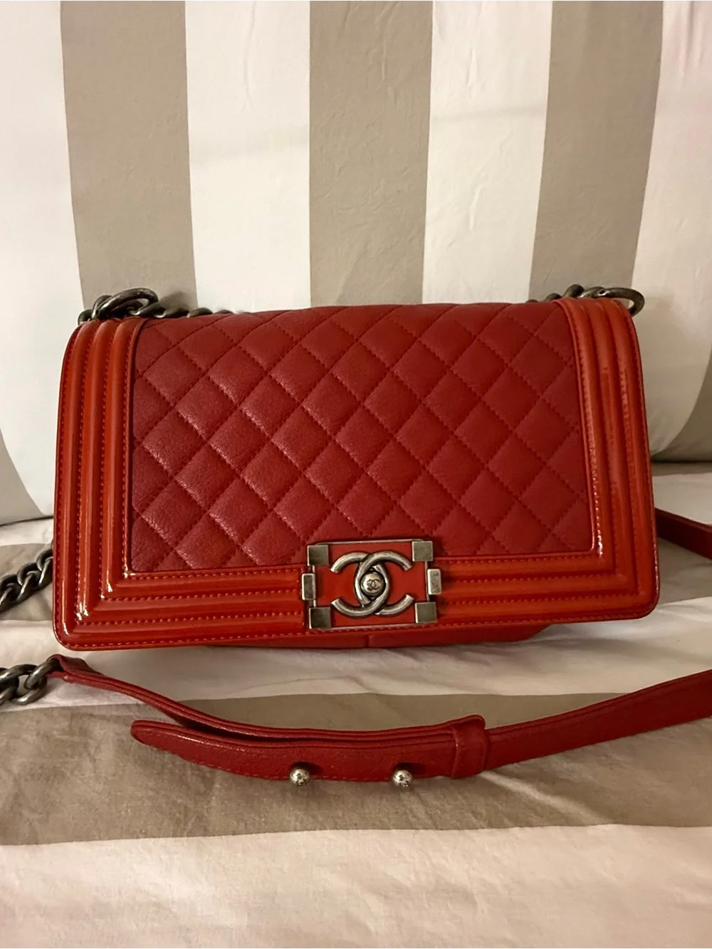 CHANEL Red Quilted Boy Bag with gray-Tone Hardware